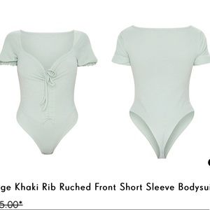 PrettyLittleThing Sage Khaki Rib Ruched Front Short Sleeve Bodysuit